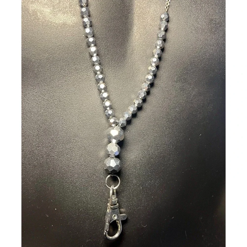 Silver Chain Gray Beaded ID Badge Holder Lanyard 32 Inch Magnetic Clip